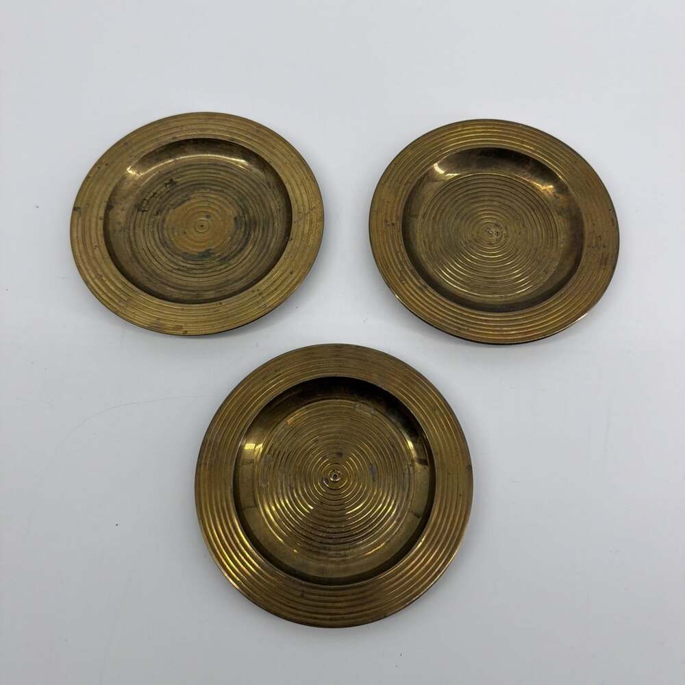 Set of 3 Vintage Brass Ribbed Round Drink Coaster Saucers made in India
